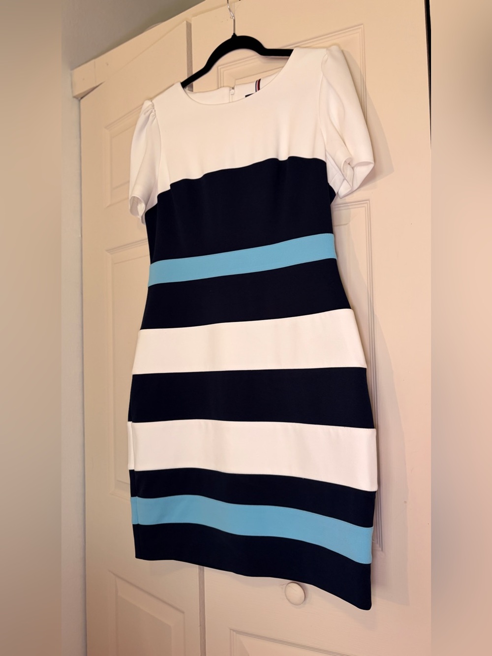 Tommy Hilfiger White, Black & Light Blue Striped Mini Dress